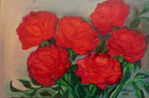 Obraz - Czerwone róże na szaro-błękitnym tle